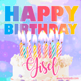A vibrant animated name GIF with the words 'Happy Birthday Gisel' with colorful candles on a creamy cake. The background sparkles with pastel shades, adding a festive touch.