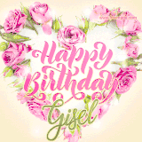 A stunning heart made of pink roses surrounds the elegant script text 'Happy Birthday Gisel' on a soft beige background. Animated sparkles add a magical and festive feel.