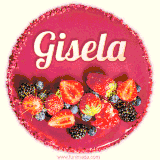 Beautifully decorated red velvet berry birthday cake with vibrant fruits and a glowing 'Gisela' name, adding a touch of sweetness and sparkle.