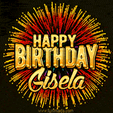 Golden 'Happy Birthday Gisela' text accompanied by animated rainbow fireworks for a festive animated greeting.