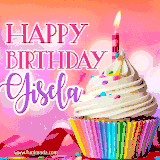 A vibrant birthday GIF featuring a rainbow-colored cupcake topped with white frosting, sprinkles, and a lit candle. The text reads 'Happy Birthday Gisela' in bold pink and violet letters with white outline.