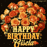 Animated bouquet of orange roses with moving butterfles and golden 'Happy Birthday Gisela' text, surrounded by sparkling accents and a dark backdrop for a luxurious feel.