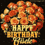 Animated bouquet of orange roses with moving butterfles and golden 'Happy Birthday Gisele' text, surrounded by sparkling accents and a dark backdrop for a luxurious feel.