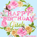 A charming animated GIF featuring 'Happy Birthday Gisele' in pink and green text, surrounded by delicate roses, leaves, and fluttering butterflies on a soft light blue pastel background.