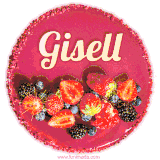 Beautifully decorated red velvet berry birthday cake with vibrant fruits and a glowing 'Gisell' name, adding a touch of sweetness and sparkle.