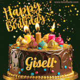 A delightful chocolate birthday cake with bright candles and 'Happy Birthday Gisell' written in gold amidst a shower of animated stars.