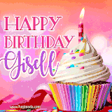A vibrant birthday GIF featuring a rainbow-colored cupcake topped with white frosting, sprinkles, and a lit candle. The text reads 'Happy Birthday Gisell' in bold pink and violet letters with white outline.