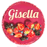 Beautifully decorated red velvet berry birthday cake with vibrant fruits and a glowing 'Gisella' name, adding a touch of sweetness and sparkle.