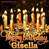 A glowing personalized birthday GIF with name Gisella featuring lit candles with intricate designs, warm lighting, and the text 'Happy Birthday' in an elegant font.