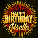 Golden 'Happy Birthday Gisella' text accompanied by animated rainbow fireworks for a festive animated greeting.