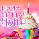A vibrant birthday GIF featuring a rainbow-colored cupcake topped with white frosting, sprinkles, and a lit candle. The text reads 'Happy Birthday Gisella' in bold pink and violet letters with white outline.