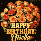 Animated bouquet of orange roses with moving butterfles and golden 'Happy Birthday Gisella' text, surrounded by sparkling accents and a dark backdrop for a luxurious feel.