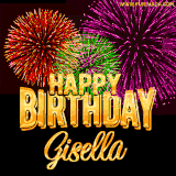 A golden 'Happy Birthday Gisella' message with vibrant fireworks in the background, creating a festive and celebratory vibe in this animated name GIF.