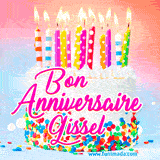 A white birthday cake covered in colorful sprinkles, topped with bright candles, and French text 'Bon Anniversaire Gissel' on a pastel gradient background in an animated GIF.