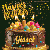 A delightful chocolate birthday cake with bright candles and 'Happy Birthday Gissel' written in gold amidst a shower of animated stars.