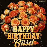 Animated bouquet of orange roses with moving butterfles and golden 'Happy Birthday Gissel' text, surrounded by sparkling accents and a dark backdrop for a luxurious feel.