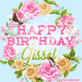 A charming animated GIF featuring 'Happy Birthday Gissel' in pink and green text, surrounded by delicate roses, leaves, and fluttering butterflies on a soft light blue pastel background.