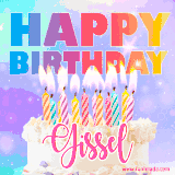 A vibrant animated name GIF with the words 'Happy Birthday Gissel' with colorful candles on a creamy cake. The background sparkles with pastel shades, adding a festive touch.
