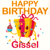 A vibrant and funny gift box character with a happy face dancing with a cupcake and the text 'Happy Birthday Gissel,' surrounded by animated confetti and party vibes.