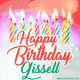Bright birthday candles with rainbow flames on a cake, alongside the text 'Happy Birthday Gissell' in vibrant script in this celebratory animated GIF.