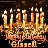 A glowing personalized birthday GIF with name Gissell featuring lit candles with intricate designs, warm lighting, and the text 'Happy Birthday' in an elegant font.