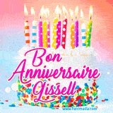 A white birthday cake covered in colorful sprinkles, topped with bright candles, and French text 'Bon Anniversaire Gissell' on a pastel gradient background in an animated GIF.
