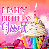 A vibrant birthday GIF featuring a rainbow-colored cupcake topped with white frosting, sprinkles, and a lit candle. The text reads 'Happy Birthday Gissell' in bold pink and violet letters with white outline.