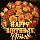 Animated bouquet of orange roses with moving butterfles and golden 'Happy Birthday Gissell' text, surrounded by sparkling accents and a dark backdrop for a luxurious feel.