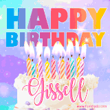 A vibrant animated name GIF with the words 'Happy Birthday Gissell' with colorful candles on a creamy cake. The background sparkles with pastel shades, adding a festive touch.