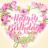 A stunning heart made of pink roses surrounds the elegant script text 'Happy Birthday Gissell' on a soft beige background. Animated sparkles add a magical and festive feel.