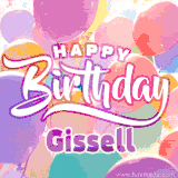 A vibrant name GIF featuring colorful balloons in shades of pink, orange, and yellow with the bold text 'Happy Birthday Gissell' in festive fonts, creating a lively birthday vibe.