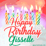 Bright birthday candles with rainbow flames on a cake, alongside the text 'Happy Birthday Gisselle' in vibrant script in this celebratory animated GIF.