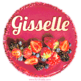 Beautifully decorated red velvet berry birthday cake with vibrant fruits and a glowing 'Gisselle' name, adding a touch of sweetness and sparkle.