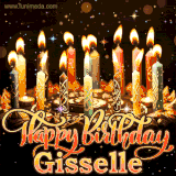 A glowing personalized birthday GIF with name Gisselle featuring lit candles with intricate designs, warm lighting, and the text 'Happy Birthday' in an elegant font.