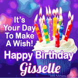 A colorful birthday GIF for Gisselle featuring a cupcake with vibrant lit candles and the text 'It's Your Day to Make a Wish! Happy Birthday Gisselle' in bold letters on a festive purple background.