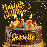 A delightful chocolate birthday cake with bright candles and 'Happy Birthday Gisselle' written in gold amidst a shower of animated stars.