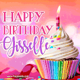 A vibrant birthday GIF featuring a rainbow-colored cupcake topped with white frosting, sprinkles, and a lit candle. The text reads 'Happy Birthday Gisselle' in bold pink and violet letters with white outline.