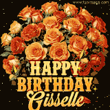 Animated bouquet of orange roses with moving butterfles and golden 'Happy Birthday Gisselle' text, surrounded by sparkling accents and a dark backdrop for a luxurious feel.