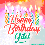 Bright birthday candles with rainbow flames on a cake, alongside the text 'Happy Birthday Gitel' in vibrant script in this celebratory animated GIF.
