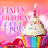 A vibrant birthday GIF featuring a rainbow-colored cupcake topped with white frosting, sprinkles, and a lit candle. The text reads 'Happy Birthday Gitel' in bold pink and violet letters with white outline.