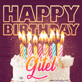 A colorful birthday cake topped with lit candles, with the words 'Happy Birthday Gitel' in bold glowing letters on a burgundy background. Animated flames add a festive touch.