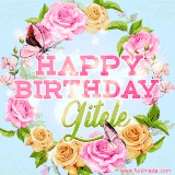 A charming animated GIF featuring 'Happy Birthday Gitele' in pink and green text, surrounded by delicate roses, leaves, and fluttering butterflies on a soft light blue pastel background.