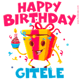 A vibrant and funny gift box character with a happy face dancing with a cupcake and the text 'Happy Birthday Gitele,' surrounded by animated confetti and party vibes.