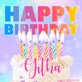 A vibrant animated name GIF with the words 'Happy Birthday Githa' with colorful candles on a creamy cake. The background sparkles with pastel shades, adding a festive touch.