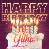 A colorful birthday cake topped with lit candles, with the words 'Happy Birthday Githa' in bold glowing letters on a burgundy background. Animated flames add a festive touch.