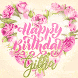 A stunning heart made of pink roses surrounds the elegant script text 'Happy Birthday Githa' on a soft beige background. Animated sparkles add a magical and festive feel.