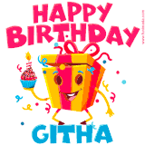 A vibrant and funny gift box character with a happy face dancing with a cupcake and the text 'Happy Birthday Githa,' surrounded by animated confetti and party vibes.