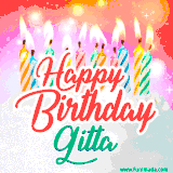 Bright birthday candles with rainbow flames on a cake, alongside the text 'Happy Birthday Gitta' in vibrant script in this celebratory animated GIF.