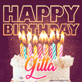 A colorful birthday cake topped with lit candles, with the words 'Happy Birthday Gitta' in bold glowing letters on a burgundy background. Animated flames add a festive touch.