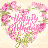 A stunning heart made of pink roses surrounds the elegant script text 'Happy Birthday Gitta' on a soft beige background. Animated sparkles add a magical and festive feel.